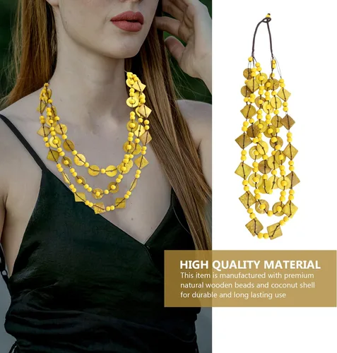 Vista 3 de Generic Collar de estilo retro bohemio para mujer, cuentas de madera tejidas a mano con dijes de concha, joyería de moda para mujeres y niñas