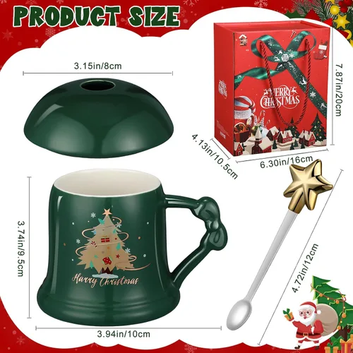 Vista 3 de Sliner Taza de Navidad de Cerámica Feliz Navidad Taza de Árbol de Navidad con Cuchara de Estrella y Tapa Taza de Santa para Regalos de Navidad