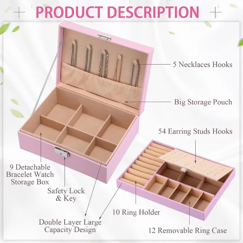 Vista 3 de Equsion Caja organizadora de joyas de 2 capas para mujeres y niñas, bandeja organizadora de joyas, forro de piel sintética, con cerradura, caja