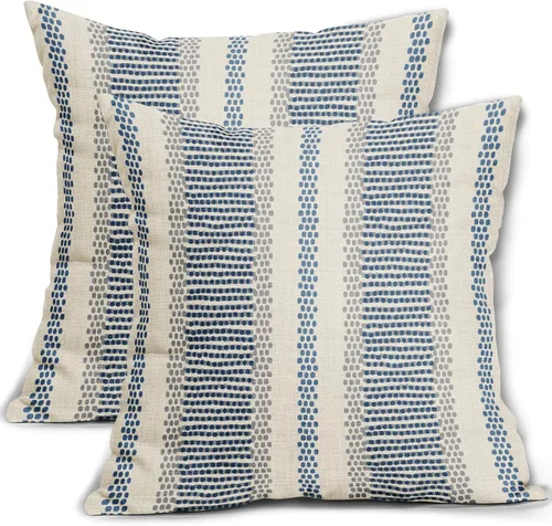 Vista 34 de Juego de 2 fundas de almohada negras y azules con rayas de puntos grises, decorativas para exteriores, estilo boho rústico, para sofá, cama, cojín