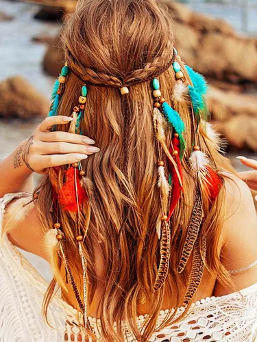 Vista 3 de CAKURE Diadema de plumas bohemias, tocado gitano, bohemio, turquesa, diadema azul hippie, diadema ajustable, accesorios para el cabello de plumas