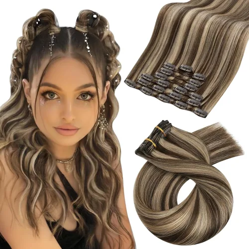 Vista 61 de Moresoo Extensiones de cabello humano con clip, balayage, color marrón oscuro a marrón dorado con clip, extensiones de cabello humano con clip, 5