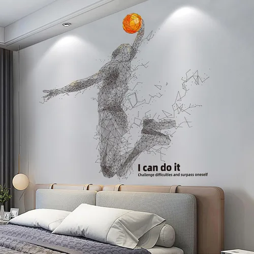 Vista 3 de Pegatinas de pared 3D de jugador de baloncesto para dormitorio de niños, calcomanías de sala de estar, calcomanías de pared desmontables