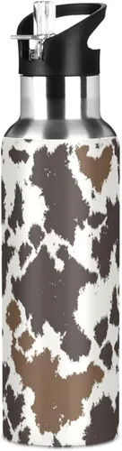 Vista 8 de Kcldeci Botella de agua deportiva de cuero de vaca de 20 onzas, tapa de pajilla, a prueba de fugas, aislada al vacío, acero inoxidable, caliente