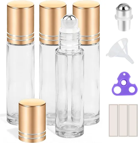 Vista 8 de PrettyCare 4 Pack 10ml Amber Glass Essential Oil Roller Bottles - Roller Ball Applicator, Leakproof Roll on Bottles, Travel Size Containers, Empty