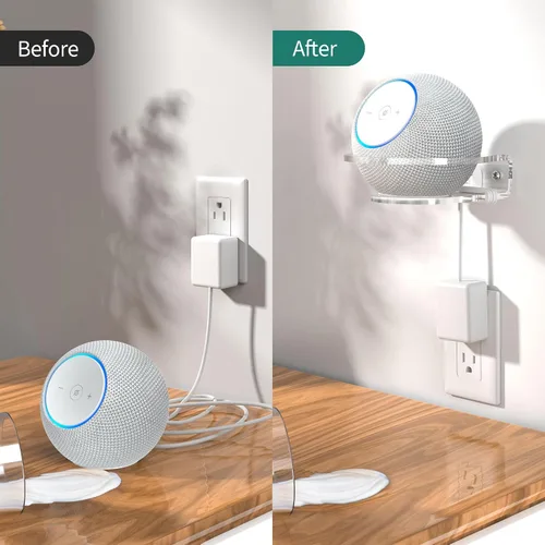 Vista 4 de PlusAcc Soporte de pared para Dot Max y Dot 5, estante transparente resistente para Homepod Mini, soporte de soporte de ahorro de espacio, gestión