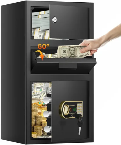 Vista 10 de Caja fuerte de 2.8 pulgadas cúbicas para negocios, con ranura antirrobo para dinero con cerradura de combinación digital y llaves de repuesto, caja