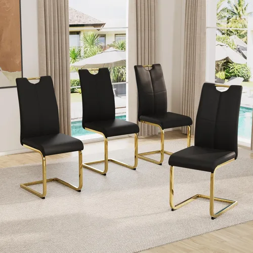 Vista 25 de Juego de sillas de comedor modernas (2 unidades) de piel sintética PU con respaldo alto tapizadas con patas doradas de metal para cocina y comedor