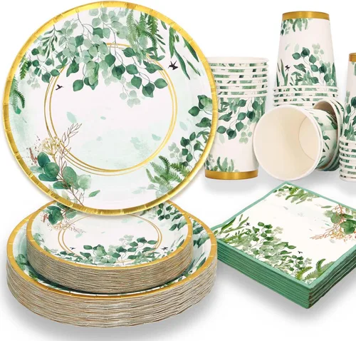 Vista 13 de Juego de 350 platos de papel floral, platos desechables con borde dorado para 50 invitados, suministros de fiesta para adultos, jardín, fiesta