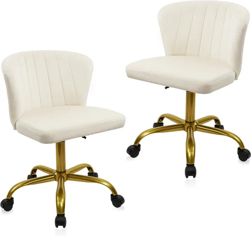 Vista 10 de CLATINA Silla de escritorio de oficina en casa, sillas de tocador de terciopelo, base dorada, ergonómica, pequeña, bonita, altura ajustable