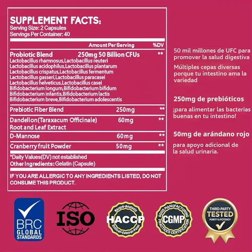 Vista 2 de Probióticos vaginales de primera calidad – Balance de pH con prebióticos y mezcla de probióticos Lactobacillus – Suplemento de salud vaginal