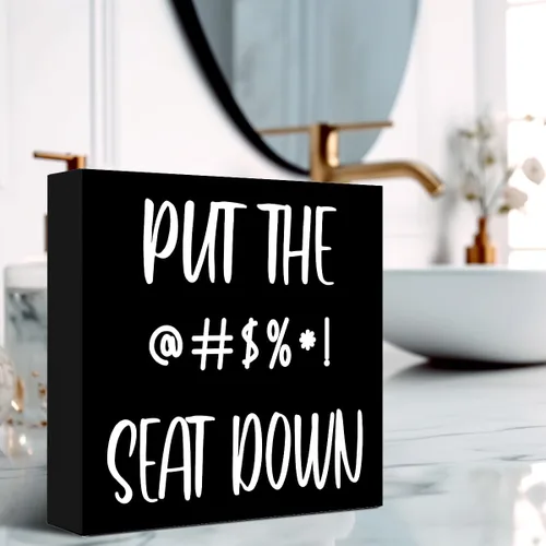 Vista 6 de LVQHI Letrero de madera divertido con texto en inglés «Put The Seat Down Negro