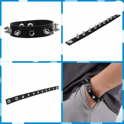 Vista 4 de 3 Pieces Punk Rock Leather Bracelets for Women Pop 80s 90s Emo Jewelry Accessories Retro Spiked Adjustable Wrap Wrist Cuffs