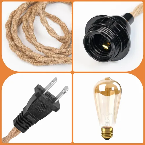Vista 5 de Lámpara colgante de ratán con cable de cuerda de cáñamo de 15 pies, luces colgantes de mimbre con pantalla de lámpara de cesta de bambú, interruptor