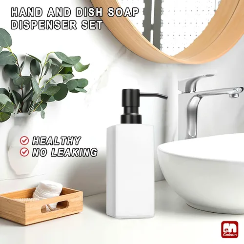 Vista 4 de Dispensador de Jabón Blanco GMISUN, Dispensador de Jabón de Mano para Baño, Dispensador de Vidrio con Bomba de Acero Inoxidable, Dispensadores