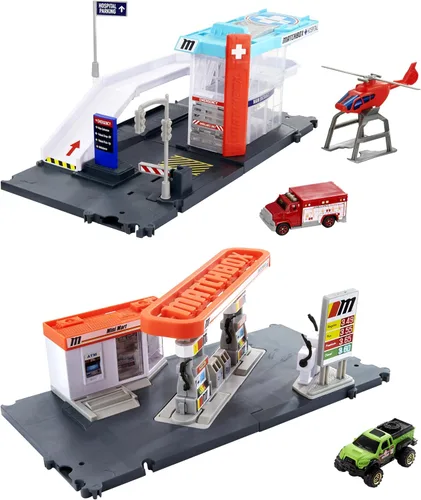Vista 8 de Matchbox Juego de Coches de Juguete, Estación de Combustible con Conductores de Acción y Camión de Juguete a Escala 1:64, Mangueras de Gas Movibles