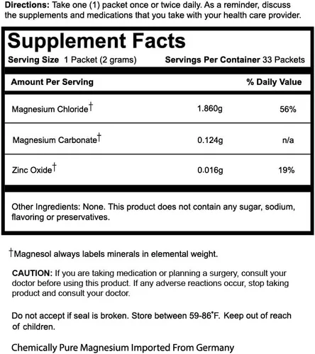 Vista 3 de Suplemento de magnesio - Cloruro de magnesio con óxido de zinc - Forma de polvo - 260 mg / 33 bolsitas 1 paquete