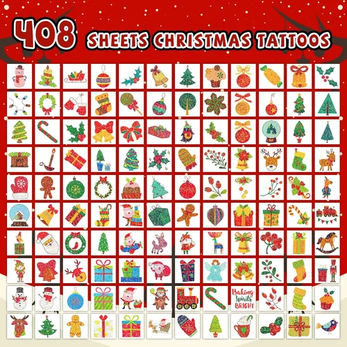 Vista 2 de EMOME 408 tatuajes temporales de Navidad, calcomanías de tatuaje con purpurina de Navidad para niños envueltas individualmente a granel, rellenos