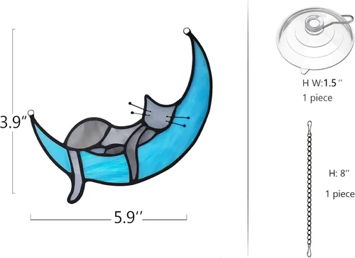 Vista 2 de BOXCASA Atrapasoles de Vidrio Emplomado Hecho a Mano de Gato Gris en Luna - Colgante Decorativo para Ventana para Amantes de los Gatos, Día