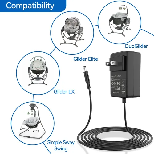 Vista 5 de Cargador adaptador de CA para columpios Graco: Simple Sway, Glider LX, Glider Elite, Glider Premier, Glider Lite, Glider Petite LX, Sweetpeace