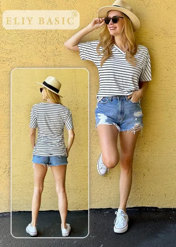Vista 3 de ELIY BASIC Camisetas plisadas de manga corta con cuello en V para mujer, ajuste holgado, túnica básica con fruncido lateral