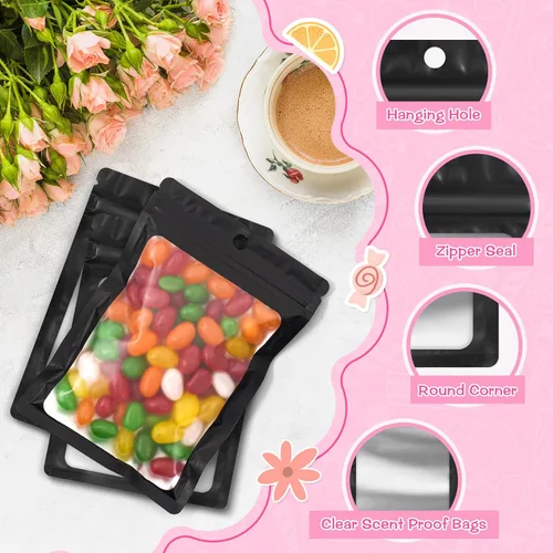 Vista 6 de FUNFERY - Paquete de 100 bolsas resellables de Mylar con ventana transparente esmerilada, bolsa con cremallera a prueba de olores