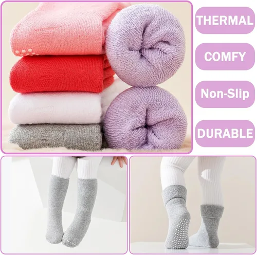 Vista 4 de hakugoo 6 pares de calcetines antideslizantes para niños pequeños con pinzas de invierno, gruesos, cálidos, acogedores, calcetines para bebés y niños