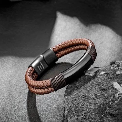 Vista 3 de murtoo Pulsera para hombre de cuero y acero, pulseras trenzadas de doble fila para hombres con cierre magnético de acero inoxidable, regalo elegante