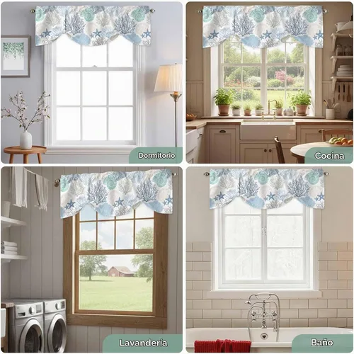 Vista 6 de Cenefa de amarre para ventanas, cortinas náuticas costeras de coral, cenefas con bolsillo para barra, cortinas de ventana con temática de playa