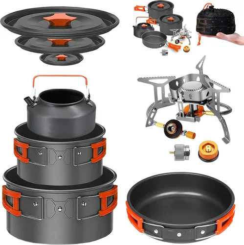 Vista 14 de Smokey Camp Camping Cookware Mess Kit Set with Stove - Backpacking Camping Pots and Pans Set, All in One Non-Stick Camping Cooking Set, Portable