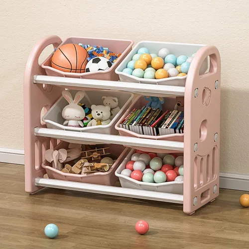 Vista 10 de Organizador de almacenamiento de juguetes para niños, estantes de 3 niveles, organizador de almacenamiento multifuncional para niños con 6 Verde
