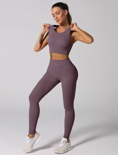 Vista 59 de Conjuntos de entrenamiento para mujer, 2 piezas, sin costuras, acanalada, sin mangas, brasier deportivo, cintura alta, pantalones cortos