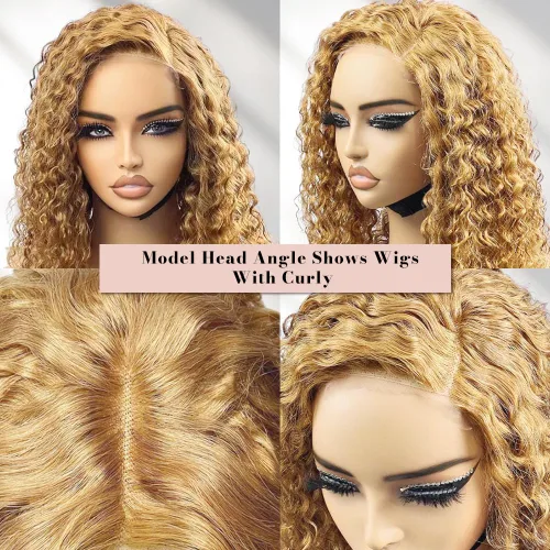 Vista 3 de Peluca Bob Rizada Rubio Miel de Cabello Humano de 16 pulgadas 13x6 HD Sin Pegamento Encaje Frontal Rubio Miel Onda Profunda Rizada Listas para Usar