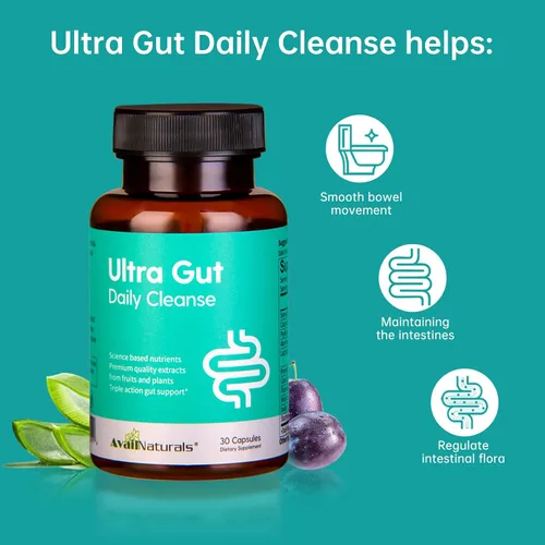 Vista 3 de AvailNaturals Ultra Gut - Limpieza diaria de 15 días, 30 cápsulas con 2.5 mil millones de probióticos UFC, fibra dietética, extracto de hoja de sena