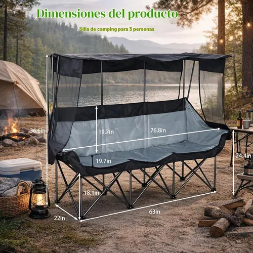 Vista 2 de Silla de campamento de gran tamaño para 3 personas con toldo totalmente acolchada para exteriores, plegable, apta para acampar al aire libre, césped