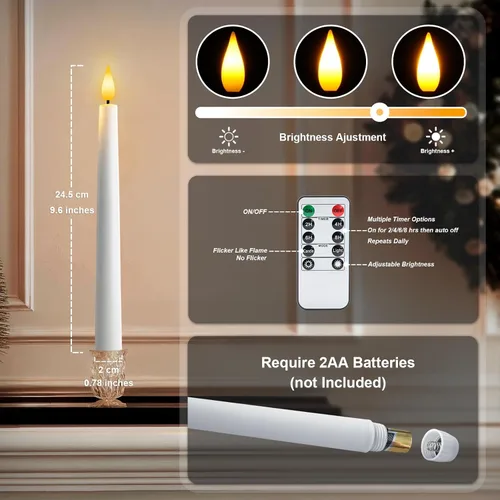 Vista 6 de 6 piezas de velas cónicas sin llama con control remoto y temporizador, 9.6 pulgadas de velas LED de plástico, velas blancas operadas por batería