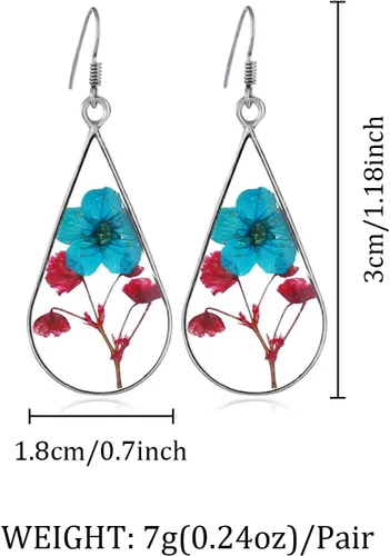 Vista 5 de Pendientes colgantes de resina con forma de lágrima, aretes de flor de acero inoxidable, aretes vintage para el día de la madre, regalo para mujeres