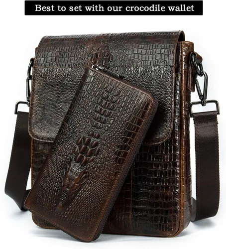 Vista 7 de NIUCUNZH Bolso bandolera de cuero con solapa para hombre pequeño bolso cruzado de hombro novedoso cocodrilo en relieve Café