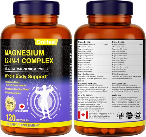 Vista 9 de Suplemento de magnesio 700 mg - Complejo 12 en 1 Glicinato Citrato Malato Taurato Óxido de magnesio y más - Alivia el estrés muscular