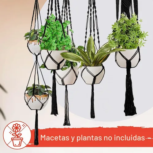 Vista 9 de Feedee Ganchos de macramé para plantas, paquete de 6, color negro, interior/exterior, algodón