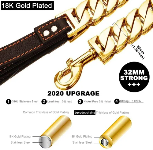 Vista 3 de txprodogchains - Correa grande a prueba de mordidas para perros grandes, correa de cadena dorada de 1.28 pulgadas de grosor con mango acolchado