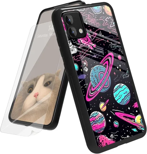 Vista 158 de Funda para Motorola Moto G Play 4G 2024 con protector de pantalla, parte trasera de vidrio templado + funda de silicona suave TPU absorción