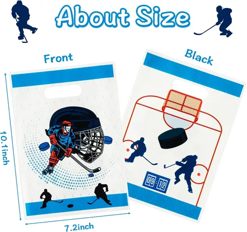 Vista 2 de 50 bolsas de plástico para recuerdos de fiesta de hockey, linda bolsa de regalo con asas con temática de hockey para niños, suministros