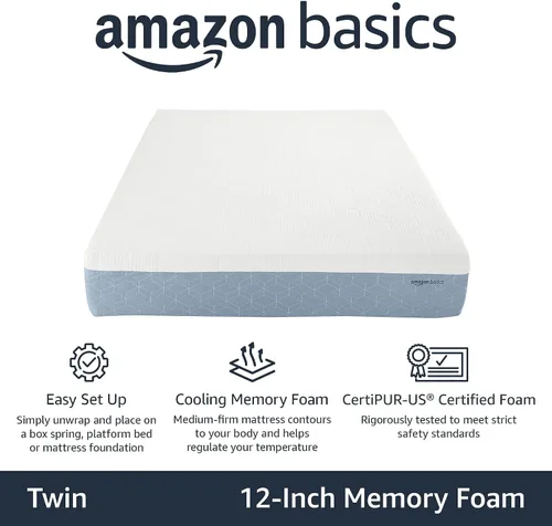 Vista 2 de Amazon Basics Colchón de espuma viscoelástica de gel refrescante, firmeza media, certificado CertiPUR-US, tamaño individual, 75 x 39 x 12 pulgadas