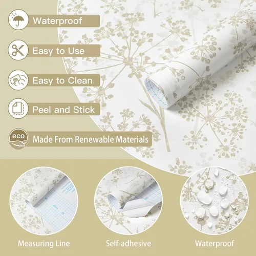 Vista 6 de Safiyya Papel tapiz adhesivo floral para despegar y pegar, 78.7 x 17.3 pulgadas, papel de pared blanco y beige, moderno, neutro, autoadhesivo