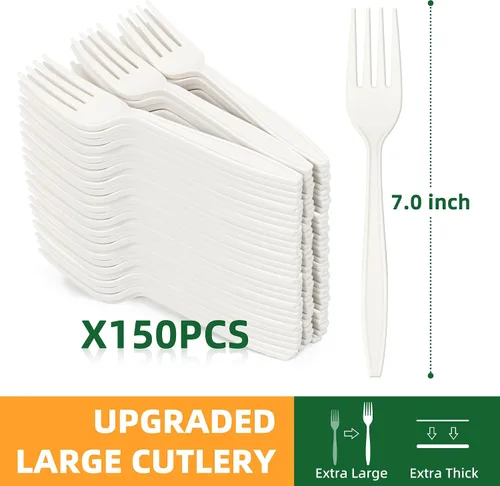 Vista 2 de Tenedor 100% compostable, 7 pulgadas, 150 tenedores desechables de almidón de maíz, cubiertos resistentes con certificación BPI, utensilios