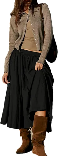 Vista 4 de Zontroldy Falda midi de moda para mujer, cintura elástica, plisada, casual, de algodón, con bolsillos