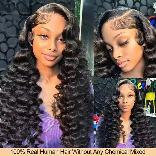 Vista 8 de Pelucas de cabello humano con malla frontal de onda suelta 13x4, densidad del 200%, con encaje frontal transparente HD, encaje frontal completo, sin