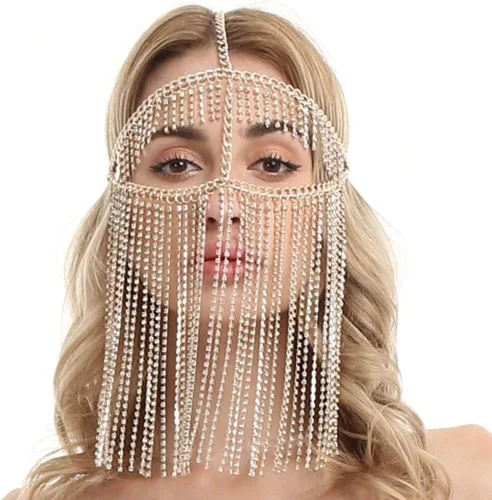 Vista 2 de Tipmant Máscara facial sexy para mujer, cadena con colgante de cristal para fiestas, baile, baile del vientre, escenario, cosplay, metal, dorado