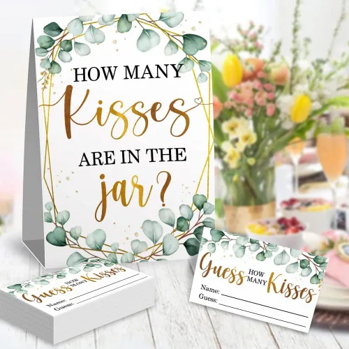 Vista 2 de How Many Kisses - Kit de tarjetas de juego de despedida de soltera (1 letrero de pie + 50 tarjetas de adivinanzas), hoja de eucalipto